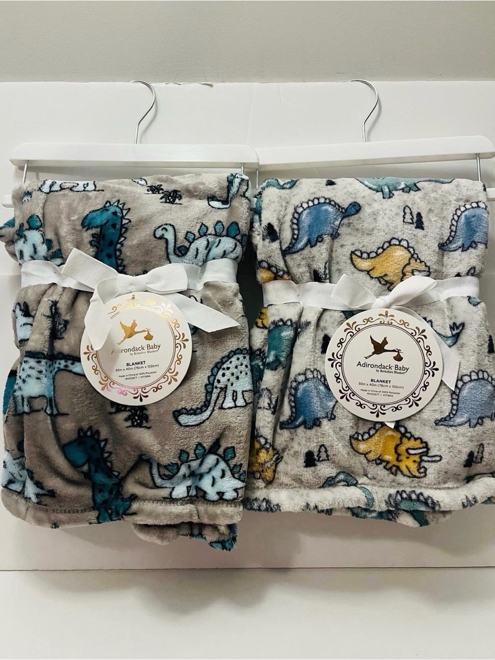 Adirondack Baby by Berkshire Lot of 2 Soft Dinosaur Baby Blankets Gray Green
